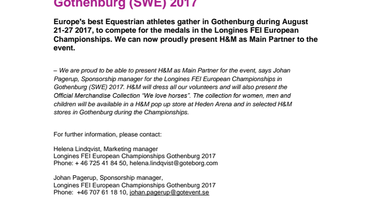 H&M new Main Partner to Longines FEI European Championships Gothenburg (SWE) 2017