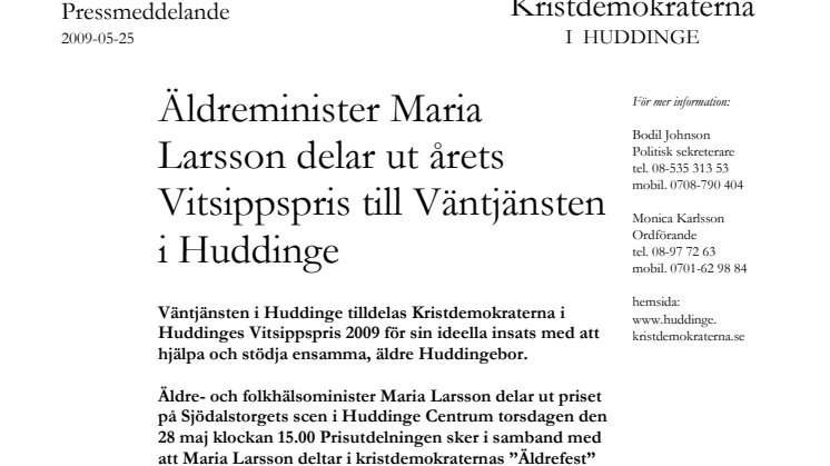 Äldreminister Maria Larsson delar ut årets Vitsippspris till Väntjänsten i Huddinge (KD)