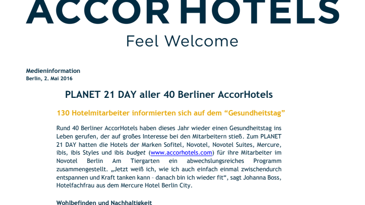 PLANET 21 DAY aller 40 Berliner AccorHotels: 130 Hotelmitarbeiter informierten sich auf dem “Gesundheitstag”