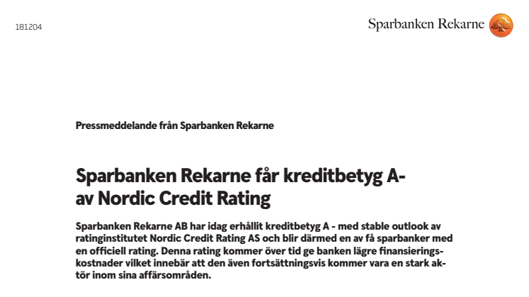 Sparbanken Rekarne får kreditbetyg A-  av Nordic Credit Rating