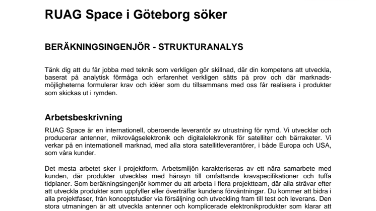 RUAG Space i Göteborg söker Beräkningsingenjör - strukturanalys
