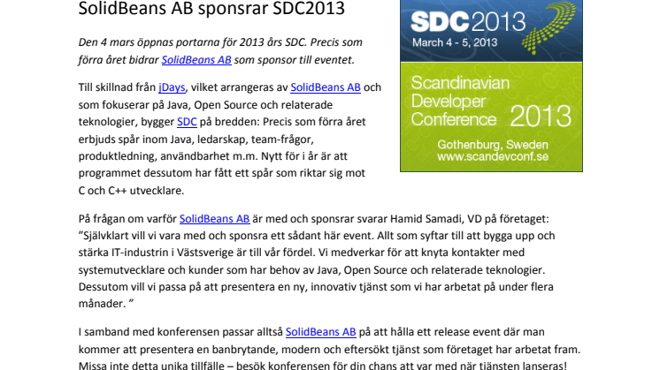 SolidBeans AB sponsrar SDC2013