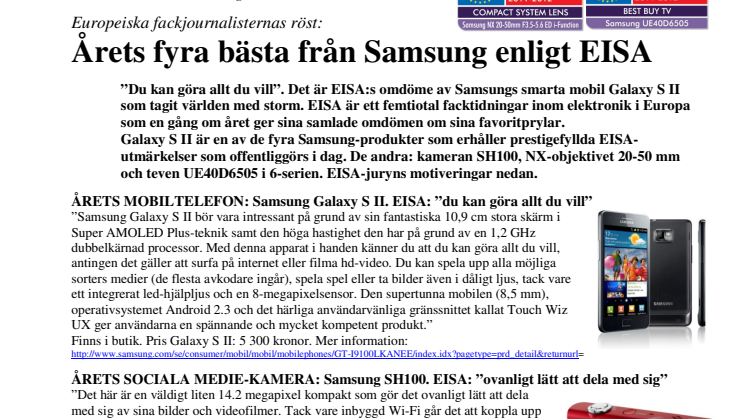 Årets fyra bästa från Samsung enligt EISA