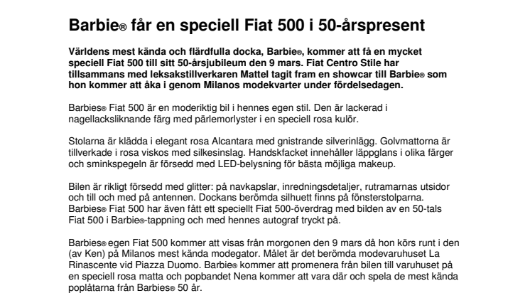 Barbie® får en speciell Fiat 500 i 50-årspresent