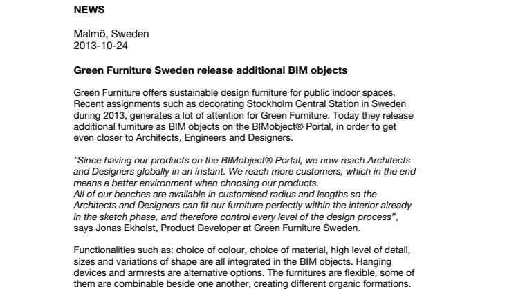 Green Furniture Sweden release additional BIM objects