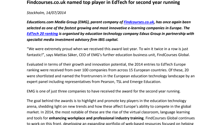 Findcourses.co.uk named top player in EdTech for second year running