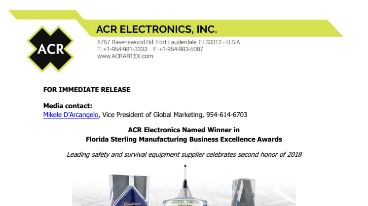 ACR Electronics Named Winner in  Florida Sterling Manufacturing Business Excellence Awards