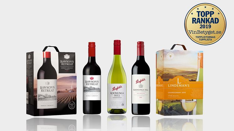 Penfolds, Rawson's Retreat och Lindeman's har tagit plats på Vinbetygets listor 2019 i olika kategorier. 