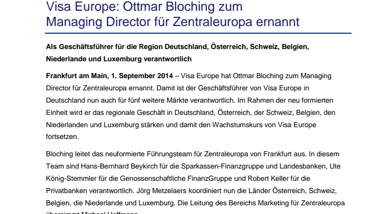 Visa Europe: Ottmar Bloching zum Managing Director für Zentraleuropa ernannt