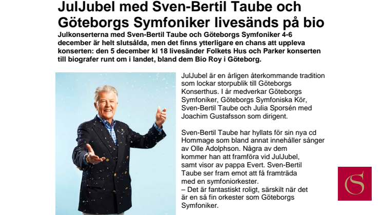 JulJubel med Sven-Bertil Taube och Göteborgs Symfoniker livesänds på bio