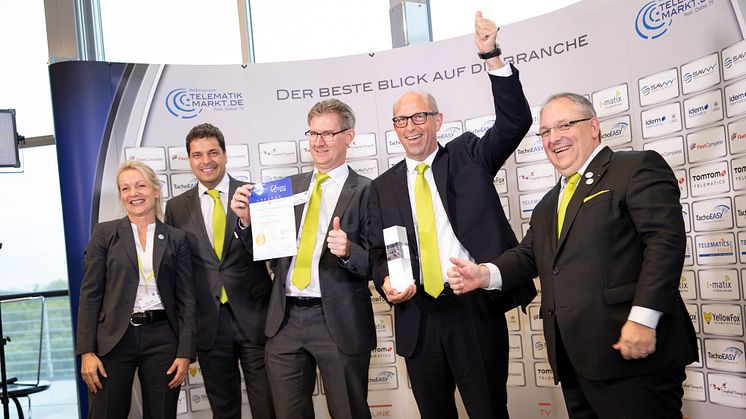 Große Freude bei BPW und idem telematics über den Telematik-Award 2018: vlnr: Katrin Köster (BPW), Florian Modrich, Heiko Boch, idem telematics und Jens Zeller (idem telematics), Dr. Markus Kliffken (BPW). Bild: ©Telematik-Markt.de