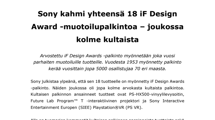 Sony kahmi yhteensä 18 iF Design Award -muotoilupalkintoa – joukossa kolme kultaista