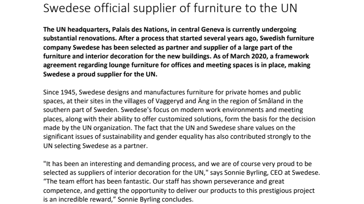 Swedese official supplier of furniture to the UN