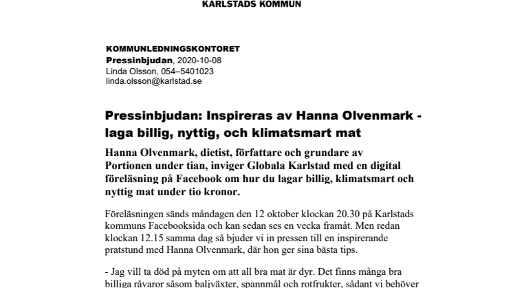 ​Pressinbjudan: Inspireras av Hanna Olvenmark - laga billig, nyttig, och klimatsmart mat