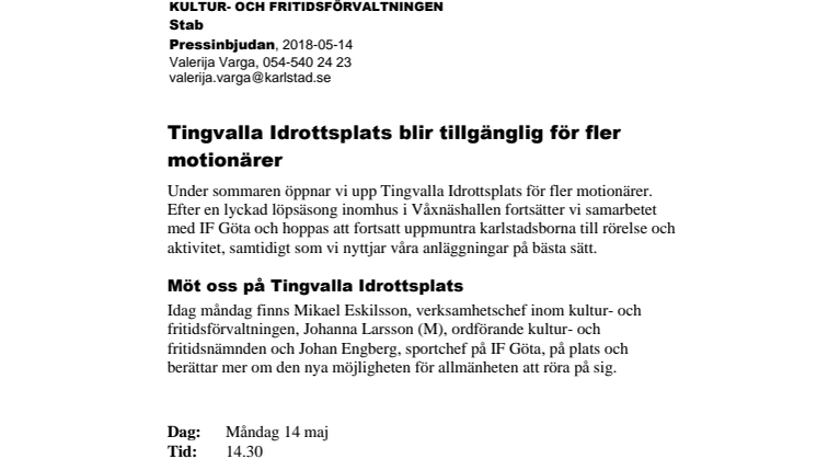 Pressinbjudan 14/5: ​Tingvalla Idrottsplats blir tillgänglig för fler motionärer