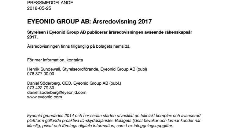 EYEONID GROUP AB: Årsredovisning 2017