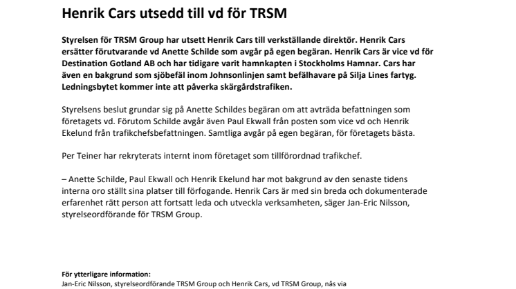Henrik Cars utsedd till vd för TRSM