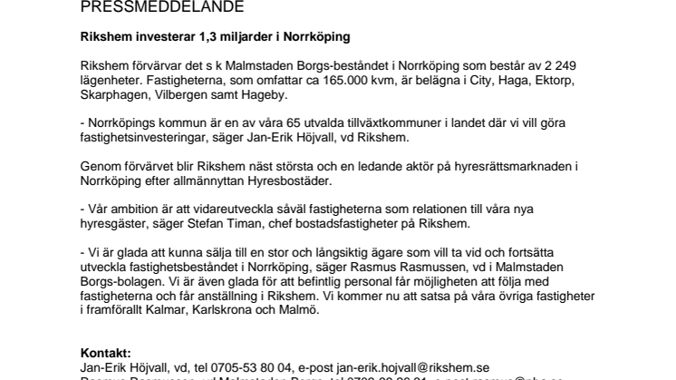 Rikshem investerar 1,3 miljarder i Norrköping
