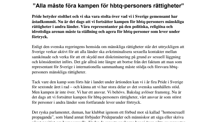 Debattartikel ”Alla måste föra kampen för hbtq-personers rättigheter”