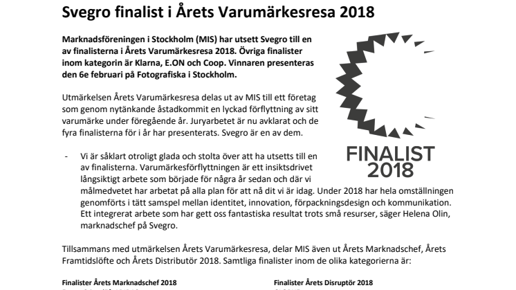 Svegro finalist i Årets Varumärkesresa 2018