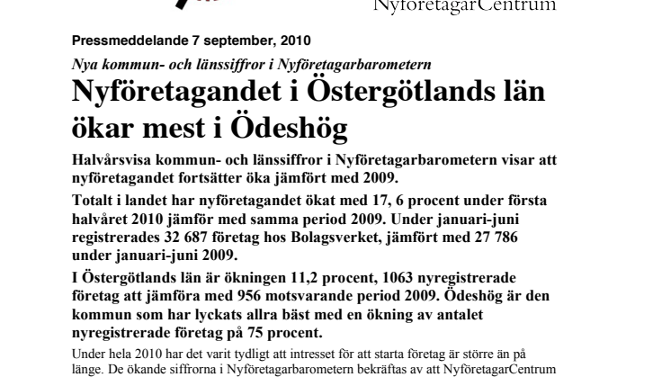 Nyföretagandet i Östergötlands län ökar mest i Ödeshög