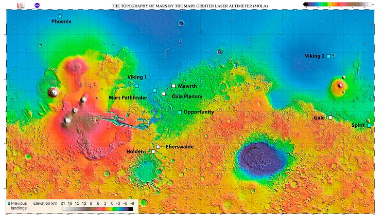 Landningsplatser på Mars Oxia Planum (18.3N, 335.3E) och Mawrth Vallis (22.6N, 16.5W).