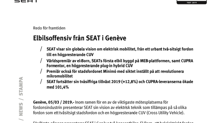 Elbilsoffensiv från SEAT i Genève
