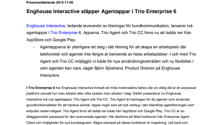 Enghouse Interactive släpper Agentappar i Trio Enterprise 6