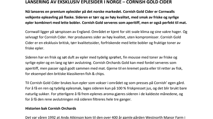 Lansering av eksklusiv eplesider i Norge – Cornish Gold Cider