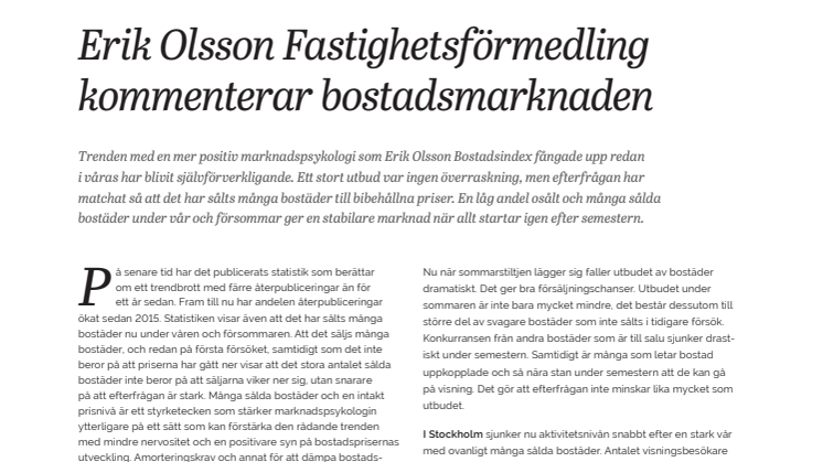 Erik Olsson Fastighetsförmedling kommenterar bostadsmarknaden 19 juni 2019