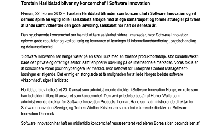 Torstein Harildstad bliver ny koncernchef i Software Innovation 