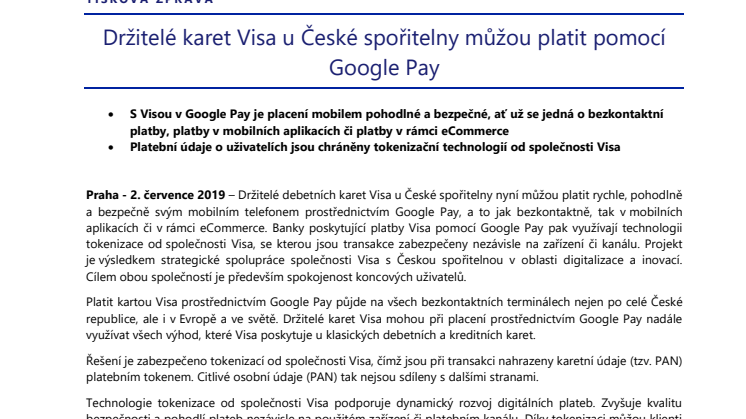Držitelé karet Visa u České spořitelny můžou platit pomocí Google Pay