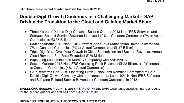 SAP presenterar finansiellt resultat för andra kvartalet och första halvåret 2013