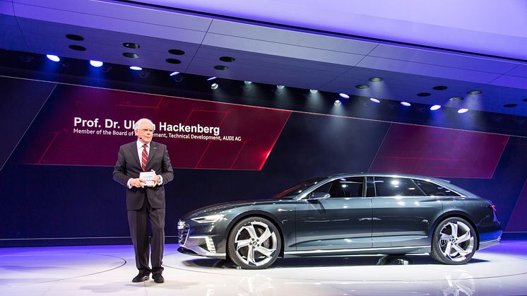 Prof. Dr.-Ing. Ulrich Hackenberg (Member of the Board of Management of AUDI AG for Technical Development); next to the Audi prologue Avant on the Geneva Motorshow 2015