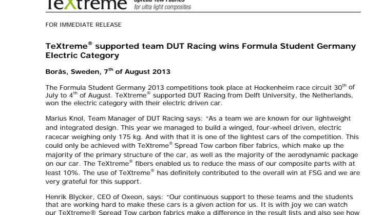TeXtreme® supported team DUT Racing wins Formula Student Germany Electric Category