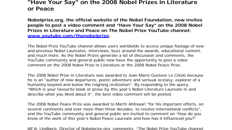 "Have Your Say" on the 2008 Nobel Prizes in Literature or Peace