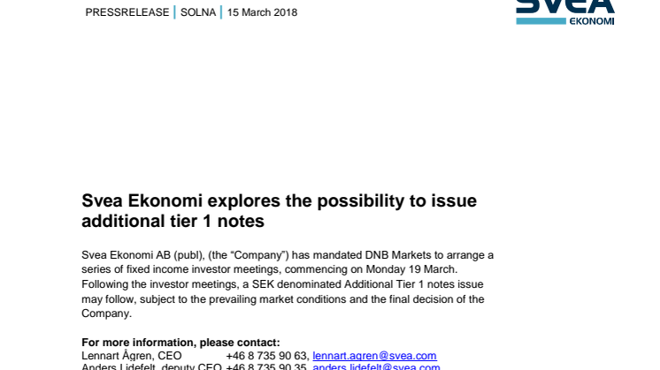 Svea Ekonomi explores the possibility to issue additional tier 1 notes