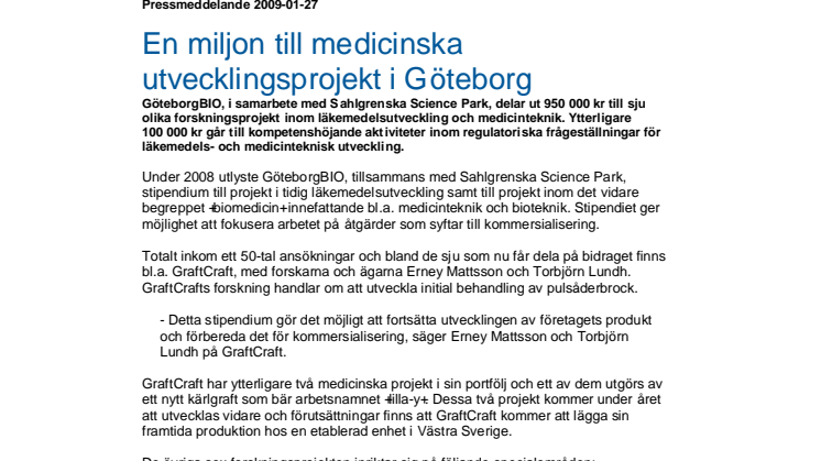En miljon till medicinska utvecklingsprojekt i Göteborg