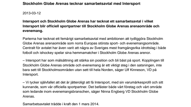 Stockholm Globe Arenas tecknar samarbetsavtal med Intersport 