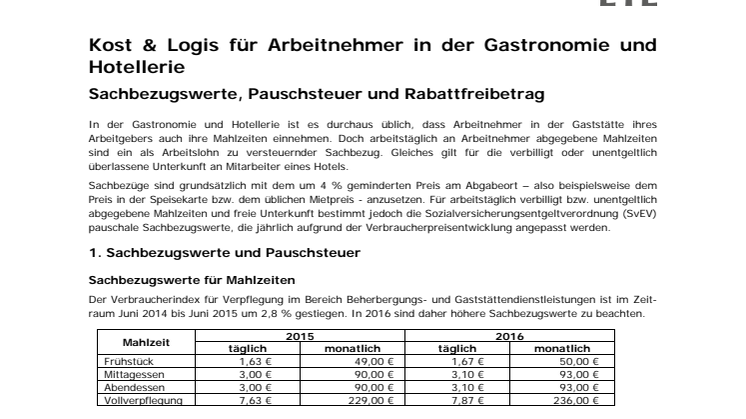 Kost & Logis für Arbeitnehmer in der Gastronomie und Hotellerie:  neues Merkblatt 2016