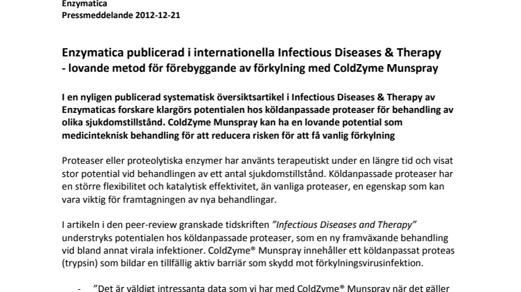 Enzymatica publicerad i internationella Infectious Diseases & Therapy - lovande metod för förebyggande av förkylning med ColdZyme Munspray