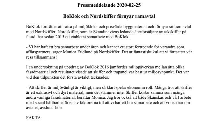BoKlok och Nordskiffer förnyar ramavtal