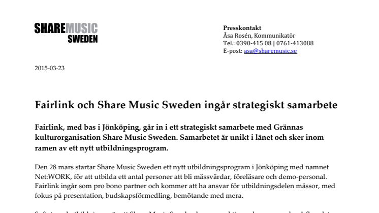 Fairlink och Share Music Sweden ingår strategiskt samarbete