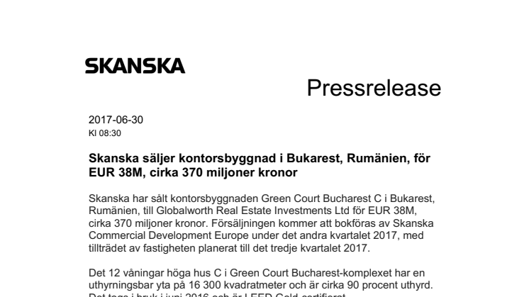 Skanska säljer kontorsbyggnad i Bukarest, Rumänien, för EUR 38M, cirka 370 miljoner kronor