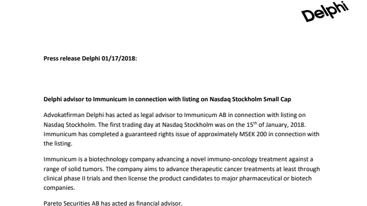 Delphi advisor to Immunicum in connection with listing on Nasdaq Stockholm Small Cap