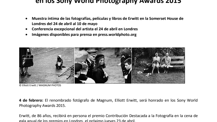  Elliott Erwitt recibirá el premio  “Outstanding Contribution” a la Fotografía en los Sony World Photography Awards 2015