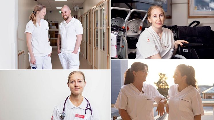 Fyra bilder på medarbetare inom hälso- och sjukvården