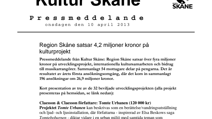 Region Skåne satsar 4,2 miljoner kronor på kulturprojekt 