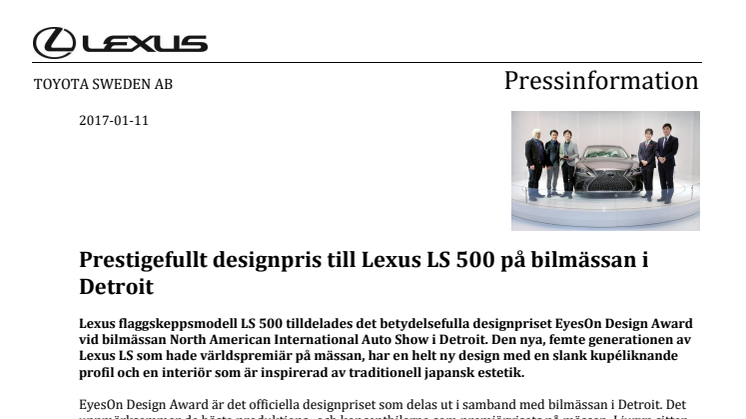 Prestigefullt designpris till Lexus LS 500 på bilmässan i Detroit