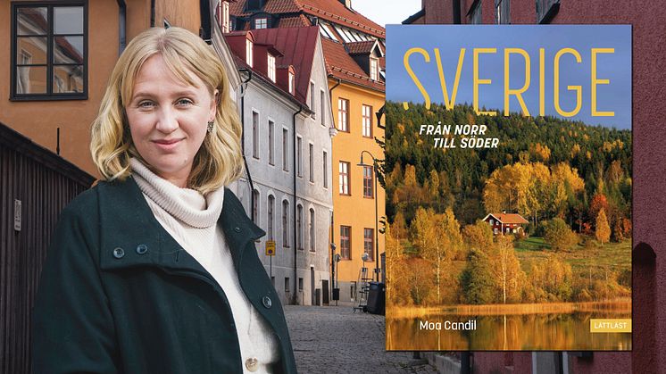 Författaren Moa Candil i Visby, infällt är omslaget till hennes bok "Sverige – Från norr till söder"